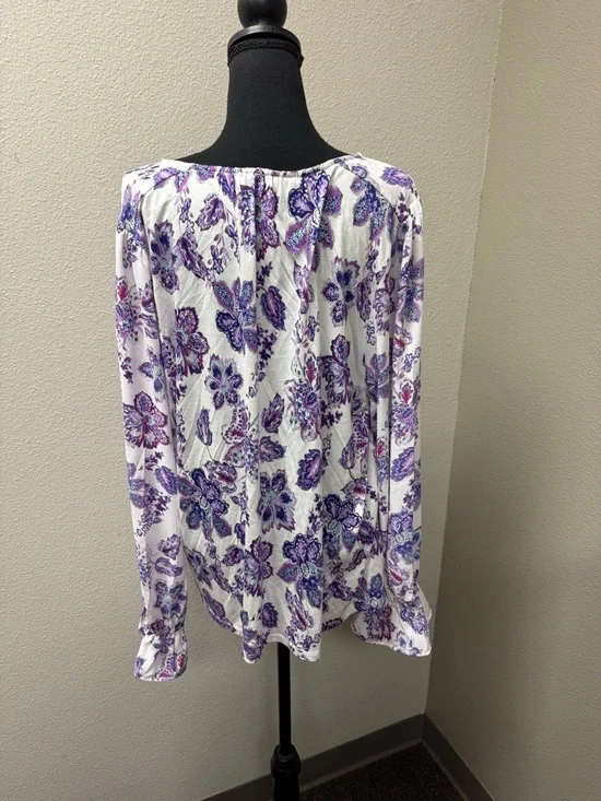LOFT XL Purple White Floral Blouse Button Front Long Sleeve Boho Chic Top - Picture 5 of 9